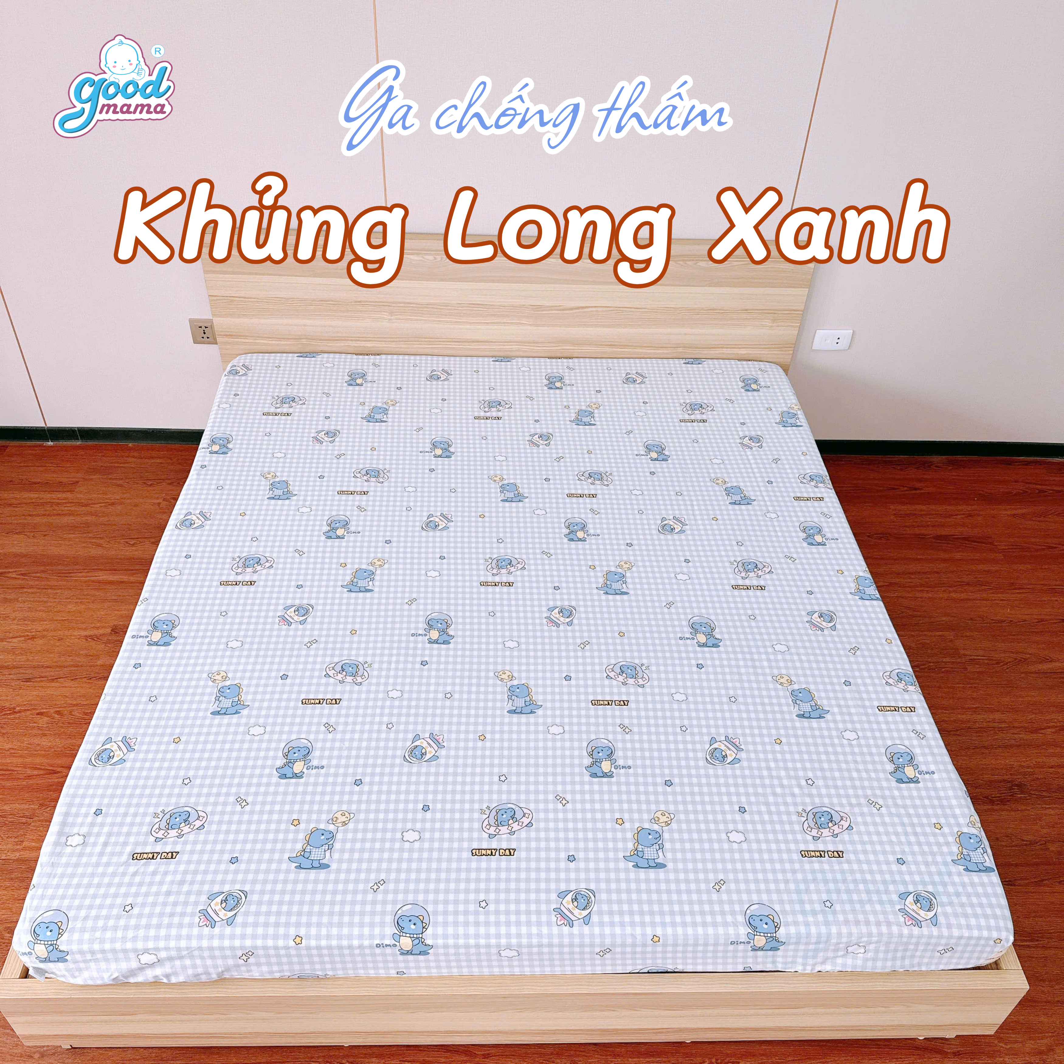 Ga chống thấm Cotton Cao Cấp Goodmama - Mẫu Khủng Long Xanh