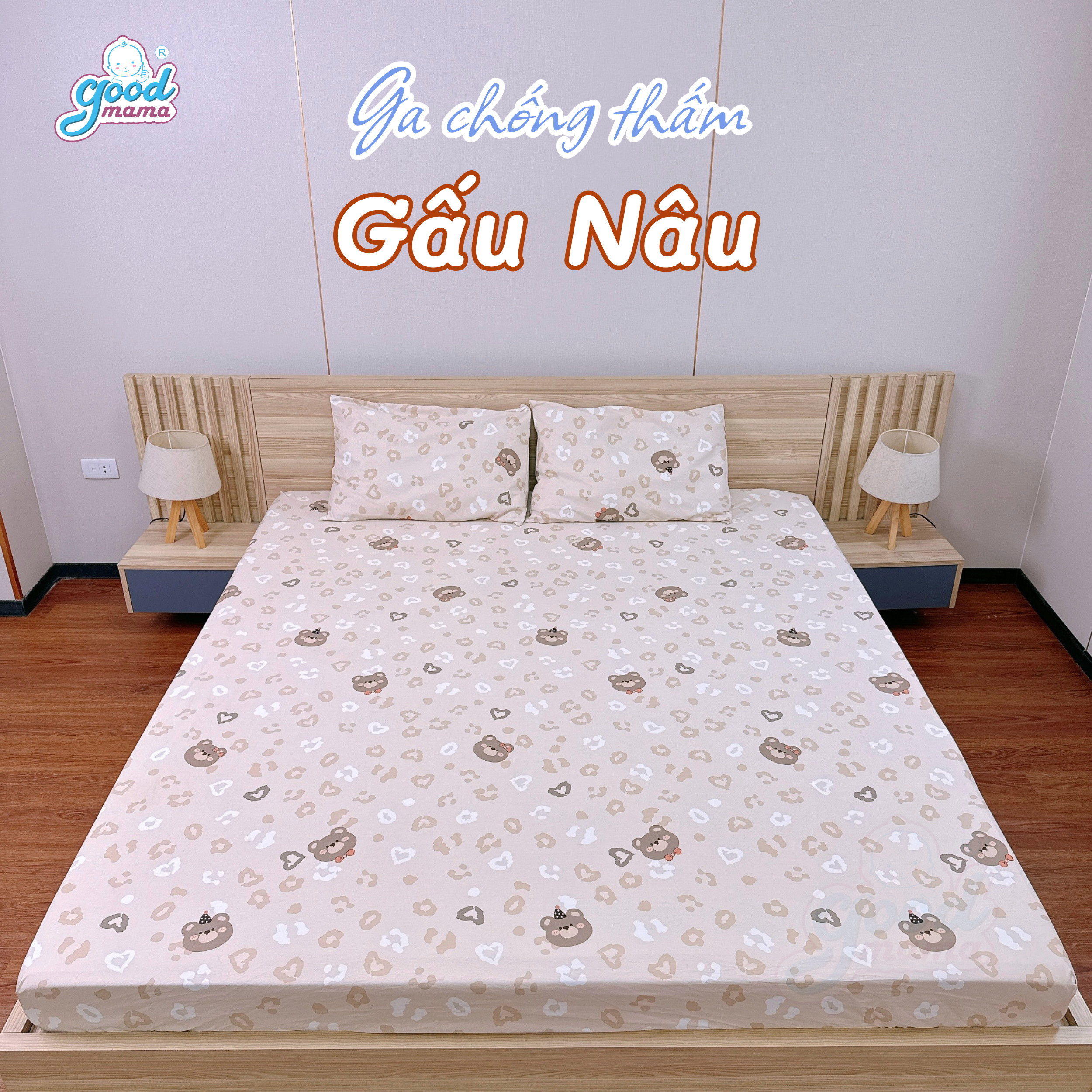Ga chống thấm Cotton Cao Cấp Goodmama - Mẫu Gấu Nâu
